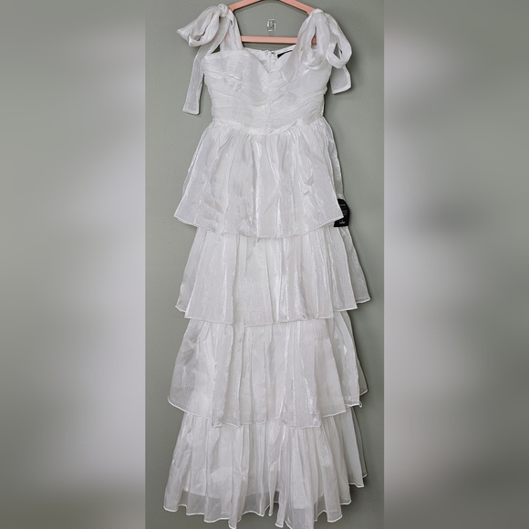 Lulus Womens Radiant Arrival Shiny White Organza Tiered Tie-Strap Maxi Dress - Picture 9 of 11